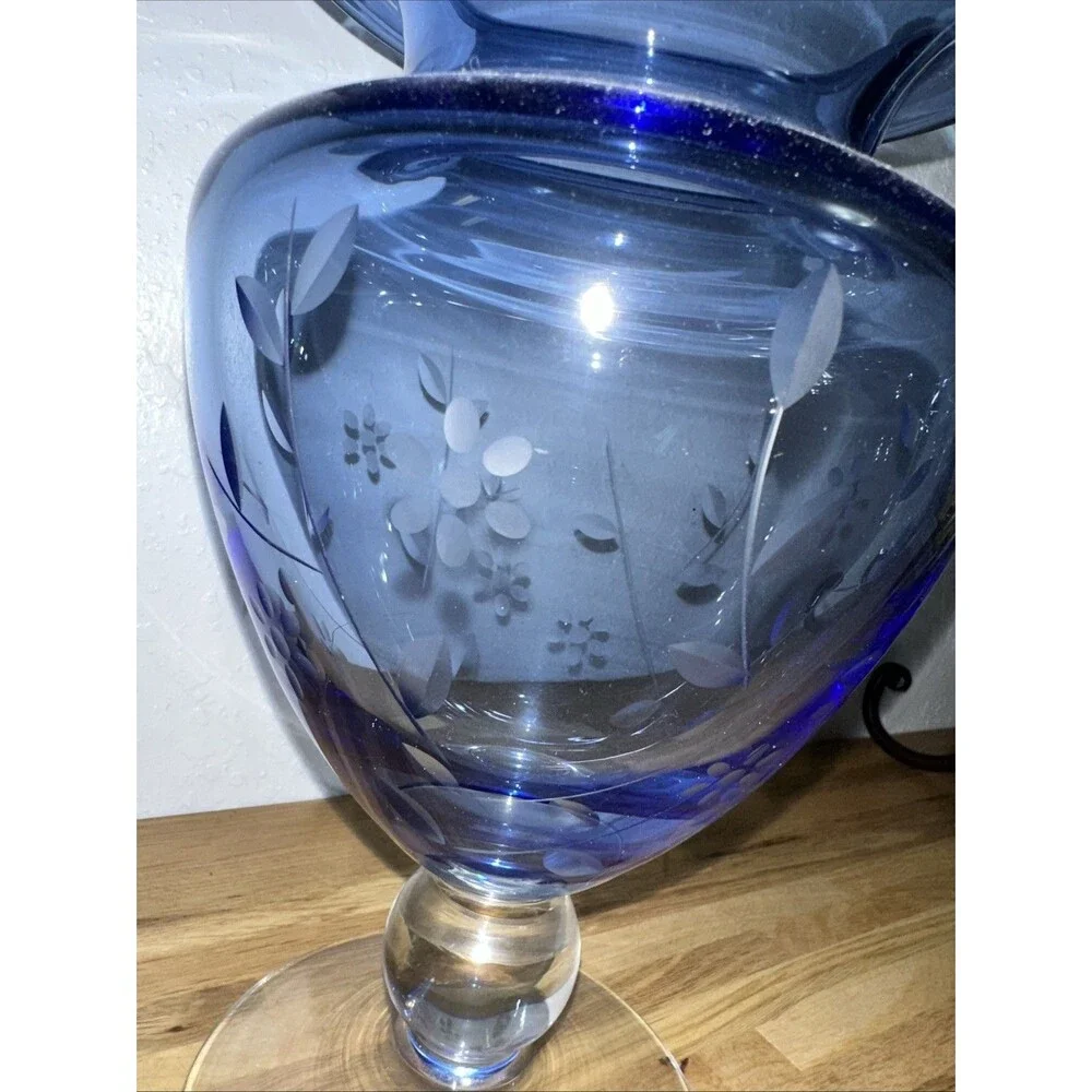 Tiffin Blue Etched Floral Footed Blown Glass Vase w/ Ball Stem